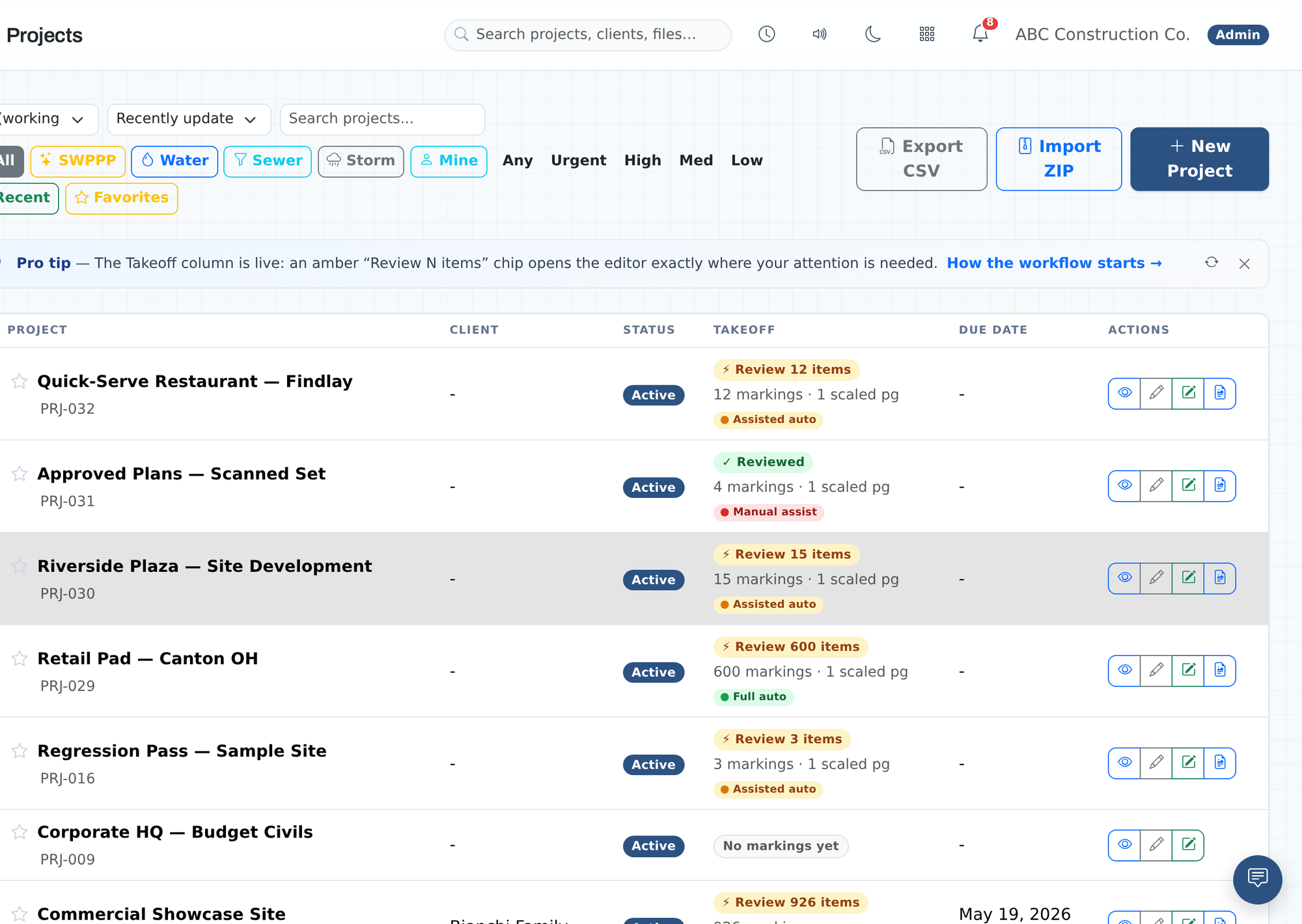 Project list showing live takeoff state per job